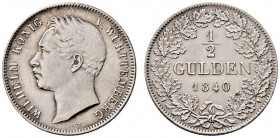 Württemberg. Wilhelm I. 1816-1864. 1/2 Gulden 1840. KR 98.2, AKS 86, J. 69a. minimale Überprägungsspuren auf dem Revers, vorzüglich-Stempelglanz