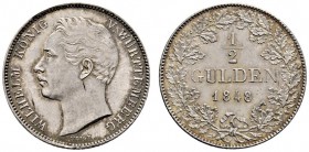 Württemberg. Wilhelm I. 1816-1864. 1/2 Gulden 1848. KR 98.7, AKS 86, J. 69a. feine Patina, fast Stempelglanz