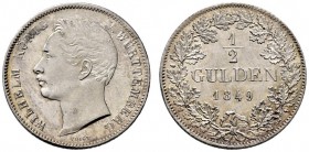 Württemberg. Wilhelm I. 1816-1864. 1/2 Gulden 1849. KR 98.8, AKS 86, J. 69a. Prachtexemplar, Stempelglanz
