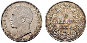 Württemberg. Wilhelm I. 1816-1864. 1/2 Gulden 1856. KR 98.14, AKS 86, J. 69a. feine Patina, fast Stempelglanz
