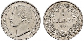Württemberg. Wilhelm I. 1816-1864. 1/2 Gulden 1861. KR 109.3, AKS 86, J. 69b. kleine Kratzer, vorzüglich-Stempelglanz