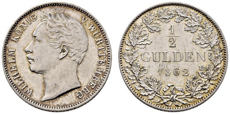 Württemberg. Wilhelm I. 1816-1864. 1/2 Gulden 1862. KR 109.4, AKS 86, J. 69b. le...