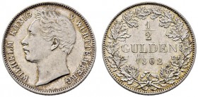 Württemberg. Wilhelm I. 1816-1864. 1/2 Gulden 1862. KR 109.4, AKS 86, J. 69b. leichte Tönung, vorzüglich-Stempelglanz