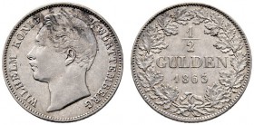 Württemberg. Wilhelm I. 1816-1864. 1/2 Gulden 1863. KR 109.5, AKS 86, J. 69b. äußerst seltener Jahrgang, sehr schön