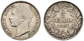 Württemberg. Wilhelm I. 1816-1864. 1/2 Gulden 1864. KR 109.6. feine Patina, vorzüglich-Stempelglanz