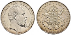 Württemberg. Karl 1864-1891. Vereinstaler 1865. KR 113, AKS 126, J. 85a, Thun 440, Kahnt 592. Prachtexemplar, minimale Kratzer, fast Stempelglanz