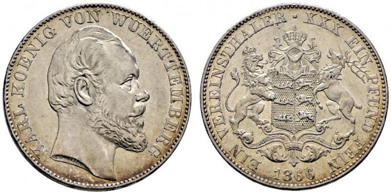 Württemberg. Karl 1864-1891. Vereinstaler 1866. KR 113.1, AKS 126, J. 85a, Thun ...