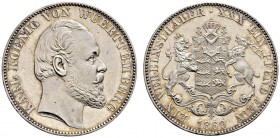 Württemberg. Karl 1864-1891. Vereinstaler 1869. KR 113.4, AKS 126, J. 85b, Thun 440, Kahnt 592. Kabinettstück mit feiner Tönung, fast Stempelglanz aus...