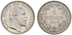 Württemberg. Karl 1864-1891. 1/2 Gulden 1866. KR 115, AKS 127, J. 84a. minimale Kratzer auf dem Revers, fast Stempelglanz