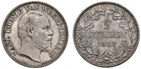 Württemberg. Karl 1864-1891. 1/2 Gulden 1867. KR 115.1, AKS 127, J. 84a. feine Patina, vorzüglich-Stempelglanz