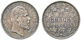 Württemberg. Karl 1864-1891. 1/2 Gulden 1868. KR 115.2, AKS 127, J. 84a. Prachtexemplar mit feiner Patina, Stempelglanz
