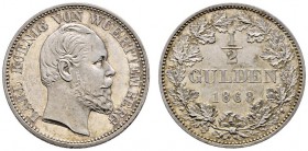 Württemberg. Karl 1864-1891. 1/2 Gulden 1868. Ohne CS. KR 115.2a, AKS 127 Anm., J. 84b. vorzüglich-Stempelglanz aus polierten Stempeln