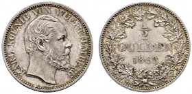Württemberg. Karl 1864-1891. 1/2 Gulden 1869. KR 115.3, AKS 127, J. 84b. feine Patina, vorzüglich-Stempelglanz