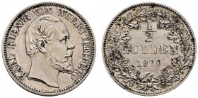 Württemberg. Karl 1864-1891. 1/2 Gulden 1870. KR 115.4, AKS 127, J. 84. winzige Kratzer, vorzüglich-Stempelglanz aus polierten Stempeln