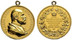 Württemberg. Karl 1864-1891. Goldmedaille 1889 von K. Schwenzer, auf das 25-jährige Regierungsjubiläum. Brustbild im Hermelin­mantel nach rechts / Kro...