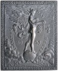 MEDAILLEURE. Karl Goetz (1875-1950). Einseitige, geschwärzte Bronzegussplakette 1927. Auf das neue Jahr. Geflügelte weibliche Gestalt steht auf Weltku...