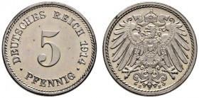 Kleinmünzen. 5 Pfennig 1914 E. J. 12. Prachtexemplar, feinst zaponiert, Polierte Platte