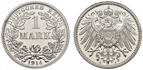 Kleinmünzen. 1 Mark 1914 A. J. 17. Kabinettstück, feinst zaponiert, Polierte Platte