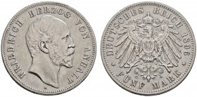 Silbermünzen des Kaiserreiches. Anhalt. Friedrich I. 1871-1904. 5 Mark 1896 A. 25-jähriges Regierungsjubiläum. J. 21. Randfehler, sehr schön