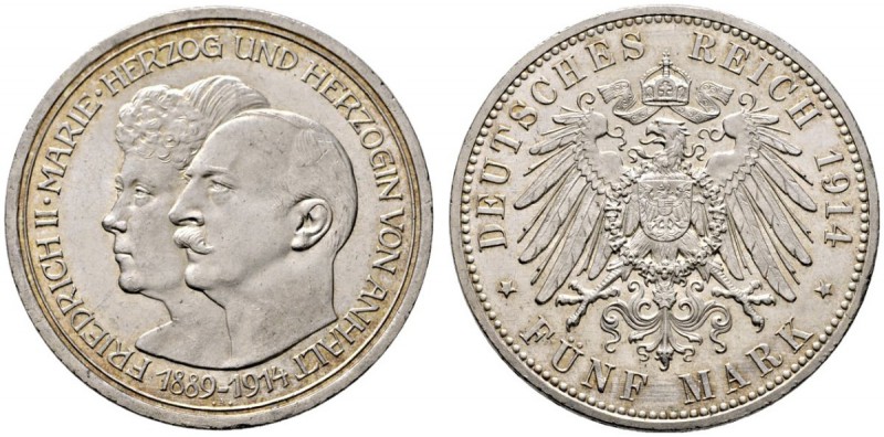 Silbermünzen des Kaiserreiches. Anhalt. Friedrich II. 1904-1918. 5 Mark 1914 A. ...