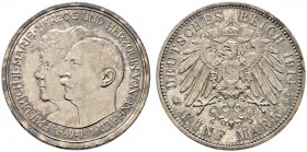 Silbermünzen des Kaiserreiches. Anhalt. Friedrich II. 1904-1918. 5 Mark 1914 A. Silberhochzeit. J. 25. feine Patina, kleine Kratzer und Randfehler, vo...