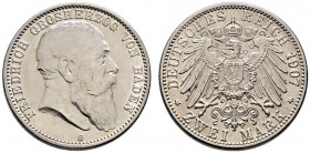 Silbermünzen des Kaiserreiches. Baden. Friedrich I. 1852-1907. 2 Mark 1907 G. J. 32. vorzüglich-Stempelglanz