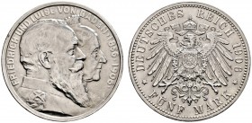 Silbermünzen des Kaiserreiches. Baden. Friedrich I. 1852-1907. 5 Mark 1906. Goldene Hochzeit. J. 35. winzige Randfehler, vorzüglich-Stempelglanz