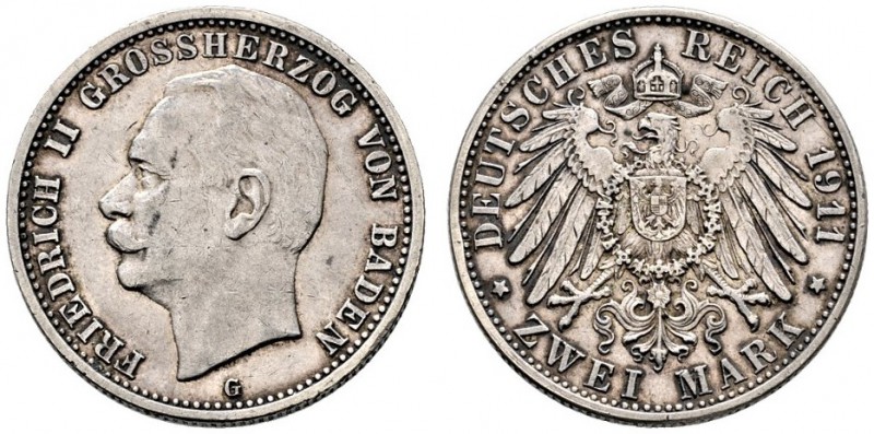 Silbermünzen des Kaiserreiches. Baden. Friedrich II. 1907-1918. 2 Mark 1911 G. J...
