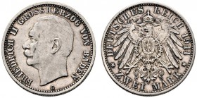 Silbermünzen des Kaiserreiches. Baden. Friedrich II. 1907-1918. 2 Mark 1911 G. J. 38. gutes sehr schön