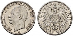 Silbermünzen des Kaiserreiches. Baden. Friedrich II. 1907-1918. 2 Mark 1913 G. J. 38. sehr schön-vorzüglich/vorzüglich
