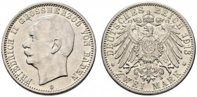 Silbermünzen des Kaiserreiches. Baden. Friedrich II. 1907-1918. 2 Mark 1913 G. J. 38. sehr schön-vorzüglich