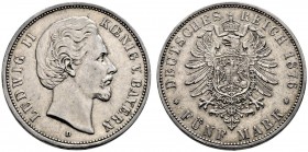 Silbermünzen des Kaiserreiches. Bayern. Ludwig II. 1864-1886. 5 Mark 1876 D. J. 42. leichte Patina, sehr schön-vorzüglich