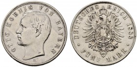 Silbermünzen des Kaiserreiches. Bayern. Otto 1888-1913. 5 Mark 1888 D. J. 44. Randfehler, sehr schön