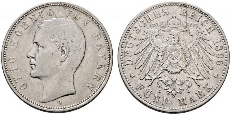 Silbermünzen des Kaiserreiches. Bayern. Otto 1888-1913. 5 Mark 1896 D. J. 46. de...