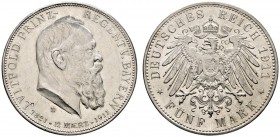 Silbermünzen des Kaiserreiches. Bayern. Luitpold, Prinzregent 1911. 5 Mark 1911 D. 90. Geburtstag. J. 50. winzige Kratzer, vorzüglich-Stempelglanz