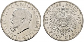 Silbermünzen des Kaiserreiches. Bayern. Ludwig III. 1913-1918. 5 Mark 1914 D. J. 53. vorzüglich-Stempelglanz
