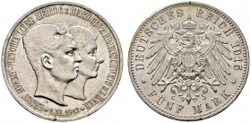 Silbermünzen des Kaiserreiches. Braunschweig. Ernst August 1913-1916. 5 Mark 1915 A. Regierungsantritt. Mit Lüneburg. J. 58. kleine Kratzer und Randfe...