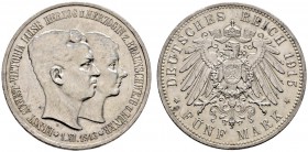 Silbermünzen des Kaiserreiches. Braunschweig. Ernst August 1913-1916. 5 Mark 1915 A. Regierungsantritt. Mit Lüneburg. J. 58. kleine Kratzer und Randfe...