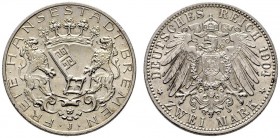 Silbermünzen des Kaiserreiches. Bremen. 2 Mark 1904 J. J. 59. vorzüglich-Stempelglanz