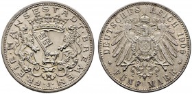 Silbermünzen des Kaiserreiches. Bremen. 5 Mark 1906 J. J. 60. leichte Tönung, vorzüglich-Stempelglanz