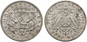 Silbermünzen des Kaiserreiches. Bremen. 5 Mark 1906 J. J. 60. vorzüglich
