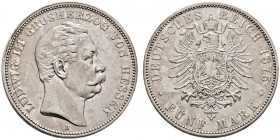 Silbermünzen des Kaiserreiches. Hessen. Ludwig III. 1848-1877. 5 Mark 1875 H. J. 67. sehr schön