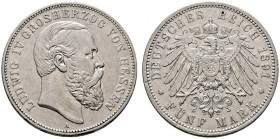 Silbermünzen des Kaiserreiches. Hessen. Ludwig IV. 1877-1892. 5 Mark 1891 A. J. 71. sehr schön