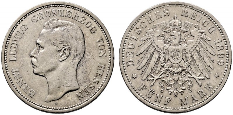 Silbermünzen des Kaiserreiches. Hessen. Ernst Ludwig 1892-1918. 5 Mark 1899 A. J...