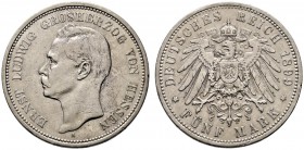 Silbermünzen des Kaiserreiches. Hessen. Ernst Ludwig 1892-1918. 5 Mark 1899 A. J. 73. kleine Kratzer und Randfehler, sehr schön