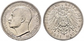Silbermünzen des Kaiserreiches. Hessen. Ernst Ludwig 1892-1918. 3 Mark 1910 A. J. 76. Polierte Platte