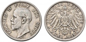 Silbermünzen des Kaiserreiches. Lippe. Leopold IV. 1905-1918. 2 Mark 1906 A. J. 78. leichte Tönung, gutes sehr schön
