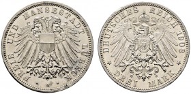Silbermünzen des Kaiserreiches. Lübeck. 3 Mark 1908 A. J. 82. minimale Kratzer und Randfehler, vorzüglich-Stempelglanz