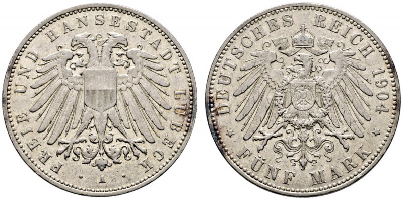 Silbermünzen des Kaiserreiches. Lübeck. 5 Mark 1904 A. J. 83. gutes sehr schön...