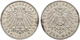 Silbermünzen des Kaiserreiches. Lübeck. 5 Mark 1904 A. J. 83. gutes sehr schön
